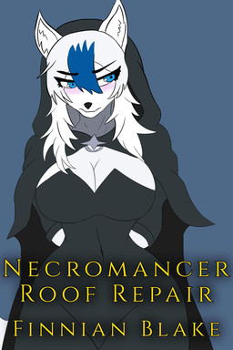 anthro black_clothing black_robe blue_eyes blue_hair blush breasts clothing ears_up eyebrows eyelashes female fur hair robe solo text white_body white_fur white_hair gorgonwriting canid canine canis mammal wolf hi_res