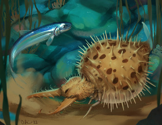 ambiguous_gender blue_body blue_scales digging duo feral fin glistening glistening_body glistening_scales looking_at_another mandibles markings particles rock round_body sand scales sea seabed seaweed silver_body spikes spikes_(anatomy) spots spotted_body swimming tan_body underwater water cuttledreams antlion arthropod fish hybrid insect marine neuropteran pufferfish tetraodontiform absurd_res digital_media_(artwork) digital_painting_(artwork) hi_res painting_(artwork) watermark