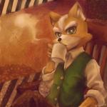 anthro beverage biped black_nose brown_body brown_fur chair clothing coffee_mug container cup fur furniture green_eyes holding_container holding_cup holding_object male sitting solo text white_body white_fur s_mino930 nintendo star_fox fox_mccloud canid canine fox mammal 1:1 2016 english_text signature