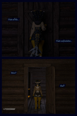 anthro arm_warmers armwear blue_body blue_fur bottomwear clothing collar dialogue female fur hoodie leg_warmers legwear shorts talking_to_self topwear white_body white_fur flauntingfornication kobold scalie 2:3 3d_(artwork) absurd_res comic digital_media_(artwork) hi_res