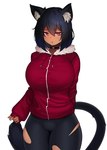 animal_ear_fluff animal_ears bangs big_breasts black_hair bottomwear breasts cat_tail choker clothing cropped_legs curvy_figure dark_body dark_skin female hair hair_between_eyes hood hoodie huge_breasts jewelry leggings legwear long_sleeves medium_hair necklace red_clothing red_eyes red_hoodie red_topwear shirt shorts small_waist solo spandex spandex_shorts thick_thighs tight_bottomwear tight_clothing tight_shorts tights top_heavy topwear torn_clothing undershirt unimpressed blaccura animal_humanoid cat_humanoid felid felid_humanoid feline feline_humanoid humanoid mammal mammal_humanoid hi_res