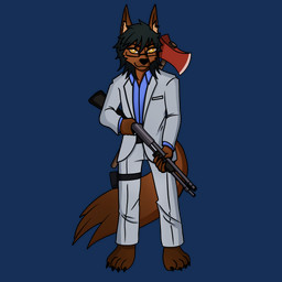 anthro axe black_hair clothing costume eyewear glasses gun hair holding_gun holding_object holding_ranged_weapon holding_shotgun holding_weapon male ranged_weapon shotgun solo suit weapon yellow_eyes eskart left_4_dead_(series) valve jonax_brown-fox nick_(left_4_dead) 1:1 absurd_res alpha_channel full-length_portrait hi_res portrait