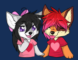 accessory anthro black_hair bow_(feature) bow_accessory bow_ribbon centered_hair_bow clothed clothing cute_fangs duo fangs female freckles fur grey_body grey_fur hair hair_accessory hair_bow hair_ribbon hand_holding heart_symbol long_hair male open_mouth orange_body orange_fur purple_eyes red_hair ribbons shirt simple_background smile standing teeth tongue tongue_out topwear transparent_background white_body white_fur spectrumbeat aggie shino_(wolf) arctic_fox canid canine canis fox mammal red_wolf true_fox wolf 2015 alpha_channel digital_media_(artwork)