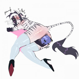 ahegao anal anal_penetration anthro anus backsack balls big_butt big_dildo black_body black_stripes blue_dildo blush bodily_fluids butt clothing dildo dildo_in_ass dildo_insertion eye_roll femboy footwear genitals high_heels huge_dildo huge_penetration large_penetration latex latex_clothing latex_legwear latex_thigh_highs legwear looking_pleasured lying male male_anthro masturbation mostly_nude mostly_nude_anthro mostly_nude_male nipples object_in_ass on_side open_mouth penetration sex_toy sex_toy_in_ass sex_toy_insertion shoes simple_background solo striped_body stripes sweat sweatdrop tail tail_tuft thick_thighs thigh_highs tongue tongue_out toying_self tuft white_background white_body white_clothing white_latex white_legwear white_thigh_highs wide_hips connardcf equid equine mammal zebra 1:1 hi_res