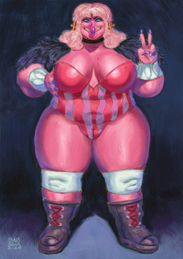 anthro beak beakstick big_breasts boots breasts camel_toe choker cleavage clothed clothing ear_piercing ear_ring eyelashes eyeliner female footwear front_view furgonomics gesture hair hand_gesture hand_on_breast jewelry knee_pads lipstick makeup nails necklace overweight overweight_female partially_clothed pattern_clothing piercing pink_body pink_hair ring_piercing shoes shoulder_guards simple_background solo standing striped_clothing stripes teeth teeth_showing thick_thighs toothed_beak v_sign wide_hips wrestler wrestling_outfit dyna_soar isobel_(dyna_soar) avian demon vulture_demoness 2026 digital_media_(artwork) digital_painting_(artwork) full-length_portrait hi_res painting_(artwork) portrait signature