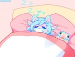 anthro bed bed_sheet bedding blue_hair blush eyes_closed female furniture hair happy heart_symbol pillow pink_body plushie sleeping smile solo sound_effects under_blanket vowelless vowelless_sound_effect zzz ahegaokami microsoft minecraft mojang xbox_game_studios malkah_(ahegaokami) amphibian axolotl bovid caprine mammal marine mole_salamander salamander sheep sheep_(minecraft) colored