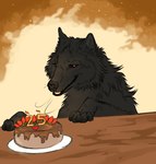 abstract_background ambiguous_gender black_body black_claws black_fur black_nose black_pawpads cake candle cheek_tuft claws dessert facial_tuft feral food fur glistening glistening_eyes head_tuft neck_tuft open_mouth pawpads red_eyes solo tuft msdeadsoul canid canine mammal hi_res