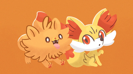 ambiguous_gender brown_eyes dipstick_tail duo fangs feral fur looking_at_another markings open_mouth orange_body orange_eyes orange_fur pawpads paws simple_background sitting tail tail_markings teeth tongue tongue_out white_body white_fur yellow_body yellow_fur ririkodraw nintendo pokemon pokemon_winds_and_waves canid canine fennekin generation_10_pokemon generation_6_pokemon mammal pokemon_(species) pombon 16:9 2026 hi_res widescreen