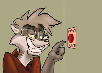 anthro bad_idea cheek_tuft claws clothing eyewear facial_tuft finger_claws fur glasses grey_body grey_fur grey_hair grin hair male pushbutton reaching red_button red_clothing red_topwear smile solo teeth temptation text topwear tuft conditional_dnp jonas mammal english_text