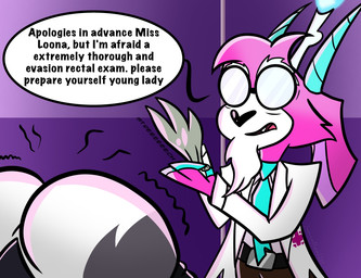 accessory anthro butt clothing doctor duo female gloves handwear inspection male medical medical_examination medical_gloves medical_instrument medical_procedure necktie rectal rectal_examination scientific_instrument ianmontreal223 hellaverse helluva_boss mythology loona_(helluva_boss) bovid canid canid_demon canine caprine caprine_demon demon goat goat_demon hellhound mammal mythological_canine mythological_creature