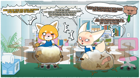 anthro bodily_fluids clothed clothing diaper embarrassed feces female genital_fluids groping_diaper group male pooping soiled_diaper soiling soiling_diaper stink_fumes text trio unclean_diaper urine used_diaper using_diaper wearing_diaper wet_diaper tenerius aggretsuko sanrio director_ton fenneko retsuko ailurid canid canine domestic_pig fennec_fox fox mammal red_panda suid suine sus_(pig) true_fox 16:9 absurd_res english_text hi_res widescreen
