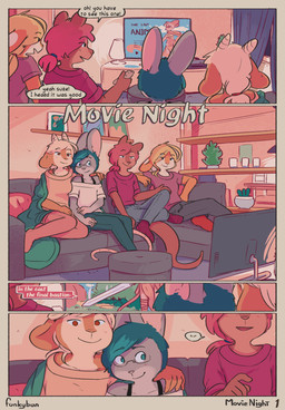 anthro blonde_hair clothed clothing detailed_background dialogue electronics eyewear female floppy_ears fully_clothed fur furniture glasses group hair hand_on_shoulder horn inside lop_ears male ottoman page_number shirt sofa tail television text title topwear watching_television conditional_dnp funkybun cassandra_(funkybun) emil_(funkybun) lily_(funkybun) sophie_(funkybun) bovid caprine goat lagomorph leporid mammal mouse murid murine mustelid otter rabbit rodent artist_name comic english_text hi_res trans_(lore)