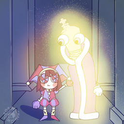 disembodied_hand duo female glowing hand_holding jester male multicolored_eyes not_furry pinwheel_eyes rosse_chan glitch_productions the_amazing_digital_circus kinger_(tadc) pomni_(tadc) animate_inanimate humanoid living_chess_piece 2024 hi_res signature