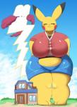 2019 ambiguous_gender anthro anthrofied big_breasts blush breasts brown_hair building cleft_tail clothed clothing dipstick_ears extreme_size_difference female flower fur generation_8_pokemon gigantamax_pikachu gigantamax_pokemon glowing glowing_tail hair hi_res house human kify long_tail mailbox mammal multicolored_ears nintendo plant pokemon pokemon_(species) pokemon_trainer pokemorph red_body red_fur size_difference smile solo tail yellow_body yellow_fur
