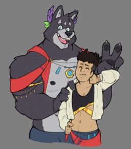 anthro armlet blush blush_lines duo fur gesture hand_gesture male nipples pawpads piercing size_difference v_sign ventral_groove mementomorioow adastra adastra_(series) echo_project amicus_(adastra) marco_(adastra) canid canine canis human mammal wolf hi_res