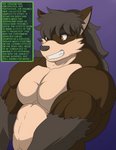 abs anthro biceps big_muscles big_pecs black_body black_fur black_hair black_nose brown_body brown_eyes brown_fur fur gloves_(marking) grin hair happy huge_muscles long_hair looking_at_self male markings muscular muscular_anthro muscular_arms muscular_male navel pecs pleased scientific_experiment simple_background smile solo tan_body tan_fur teeth test_subject text thick_neck geng arc_wuff canid canine canis mammal wolf 2017 colored english_text hi_res shaded