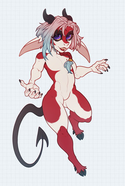 anthro big_ears black_horn black_nails black_tail blue_hair chibi colored_nails fangs femboy gradient_hair hair hooves horn male multicolored_body multicolored_hair muscular muscular_anthro muscular_male nails open_mouth pink_hair purple_eyes red_body sharp_teeth simple_background smile solo spade_tail tail teeth two_tone_body two_tone_hair white_body dcayorcus demon digital_media_(artwork) hi_res shaded simple_shading