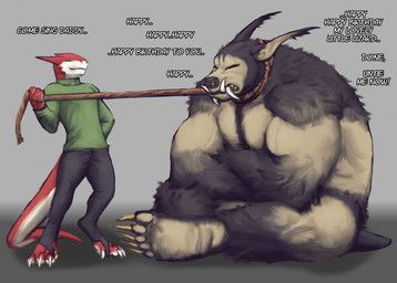 anthro claws duo fangs leash leash_pull male male/male size_difference teeth text vein veiny_muscles mamaubear mamau_(mamaubear) zi_(mamaubear) bear lizard mammal reptile scalie sun_bear ursine english_text hi_res