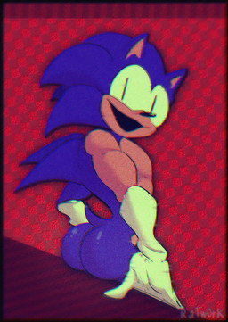 anthro blue_body butt clothing gloves handwear inviting inviting_viewer looking_at_viewer male muscular muscular_male nude solo text ratwork sega sonic_the_hedgehog_(series) sonic_(rewrite) eulipotyphlan hedgehog mammal artist_name hi_res