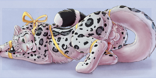 anatomically_correct animal_genitalia animal_penis anus balls bdsm bodily_fluids bondage bound bow_(feature) bow_ribbon butt chastity_cage chastity_device cum erection feral fur genital_fluids genitals gift gift_wrapped lock looking_at_viewer male neck_bow nude padlock penis presenting presenting_hindquarters raised_tail ribbon_bondage ribbons simple_background solo spots tail tail_anus translucent translucent_chastity_cage marjani kieran_(homphs) felid leopard mammal pantherine snow_leopard 2016