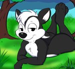 anthro black_and_white_fur black_body black_fur butt chest_tuft fur hi_res jhussethy legs_up looney_tunes lying male mammal mephitid nude pepe_le_pew seductive skunk smile solo striped_skunk tuft warner_brothers white_body