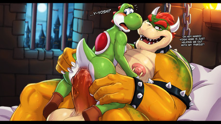 anal anal_fluids anal_penetration anthro anthro_on_anthro anthro_on_bottom anthro_on_top anthro_penetrated anthro_penetrating anthro_penetrating_anthro anus areola armband balls barazoku bareback bed bedding big_balls big_butt big_muscles big_penis black_bars blush bodily_fluids boots bracelet butt butt_grab caught_in_the_act chain claws clothing collar cowgirl_position deltoids dialogue dominant dungeon duo erection eyebrows fire flying_sweatdrops footwear from_front_position frown full_moon furniture genitals hair hand_on_butt hand_on_leg hand_on_thigh horn huge_balls huge_muscles huge_penis humanoid_genitalia humanoid_penis inside jewelry kneeling larger_dom leg_grab lit_torch looking_at_viewer lying male male/male male_on_bottom male_on_top male_penetrated male_penetrating male_penetrating_male moon muscular muscular_anthro muscular_male narrowed_eyes night nipple_piercing nipple_ring nipples non-mammal_balls non-mammal_nipples nude on_back on_bed on_bottom on_top open_frown open_mouth open_smile pecs penetration penile penile_penetration penis penis_in_ass piercing pillow ring_piercing sex shell shoes size_difference smaller_penetrated smile spiked_armband spiked_bracelet spiked_collar spiked_shell spikes spikes_(anatomy) stretched_anus sweat sweatdrop talking_to_viewer teeth text thick_penis thigh_grab tongue torch vein veiny_penis window dream_and_nightmare mario_bros nintendo bowser yoshi_(character) green_yoshi koopa scalie yoshi 16:9 2026 english_text hi_res letterbox widescreen