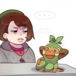 1:1 2019 absurd_res ambiguous_gender angry barefoot big_ears black_eyes brown_hair close-up clothed clothing duo ellipsis feet female feral generation_8_pokemon gloria_(pokemon) green_body green_skin grookey hair half-closed_eyes hat headgear headwear hi_res human humor jacket kittycouch looking_down mammal meme narrowed_eyes nintendo pokemon pokemon_(species) primate shirt short_hair simple_background sitting size_difference squint stare topwear white_background