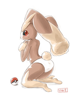 anthro biped black_sclera blush bodily_fluids brown_body brown_fur clothed clothing female fur kneeling long_ears looking_at_viewer looking_back panties pokeball pursed_lips red_eyes simple_background solo sweat topless underwear white_background white_clothing white_panties white_underwear kisa_kazuyuki nintendo pokemon generation_4_pokemon lagomorph lopunny mammal pokemon_(species) 2016 hi_res