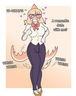 abstract_background anthro blonde_hair blush bottomwear bow_ribbon breasts clothing collared_shirt dialogue dress_shirt eyelashes eyewear female front_view glasses hair heart_symbol hearts_around_head long_tail looking_at_viewer multicolored_body multicolored_scales orange_body orange_scales pants purple_bottomwear purple_clothing purple_pants scales shirt short_hair solo spiked_tail spikes spikes_(anatomy) tail tail_motion tailwag talking_to_viewer tan_body tan_scales teal_eyes text topwear two_tone_body two_tone_scales arsenic_iii goodbye_volcano_high ko_op_(game_developer) naomi_(gvh) dinosaur hadrosaurid ornithischian ornithopod parasaurolophus prehistoric_species reptile scalie 2025 4:5 digital_drawing_(artwork) digital_media_(artwork) english_text hi_res