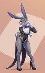 anthro big_ears black_tie_(suit) bulge clothed clothing countershade_torso countershading crossdressing eyeshadow eyewear femboy footwear glasses gloves handwear high_heels long_legs makeup male shoes solo suit tail thick_thighs wide_hips bigdad toast-arts looney_tunes warner_brothers bugs_bunny lagomorph mammal 2025 artist_collaboration hi_res