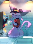2_tails annoyed anthro anthrofied bathroom beady_eyes big_breasts big_butt biped bob_cut bottomwear bottomwear_down breasts butt clothed clothing curvy_figure detailed_background duo electronics face_mask_bikini fast_food_employee fast_food_uniform female forehead_gem gem graffiti green_eyes holding_object holding_phone hourglass_figure huge_butt huge_ears huge_hips huge_thighs looking_back mirror_selfie mole_on_butt multi_tail pants pants_down partially_clothed phone pokemorph profanity public_restroom purple_sclera rear_view selfie side_boob sink sitting small_waist tail text thick_thighs thong tongue tongue_out underwear unprofessional_behavior wide_hips rabiosin nintendo pokemon eeveelution espeon generation_2_pokemon pokemon_(species) shiny_pokemon umbreon 2023 absurd_res hi_res spanish_text