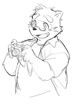 anthro biped camera clothing eyewear glasses humanoid_hands kemono shirt simple_background slightly_chubby solo topwear white_background konbu morenatsu kounosuke_kuri canid canine mammal raccoon_dog tanuki 2023 monochrome sketch