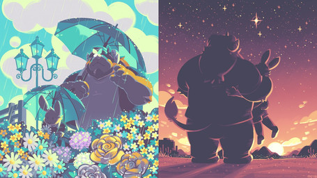 biped bottomwear clothing daww detailed_background duo flower hug male outside overweight overweight_male pants plant raining shirt size_difference sun sunset topwear umbrella greenendorf lagomorph leporid mammal rabbit 16:9 2018 widescreen