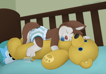 ageplay anthro baby_bottle bottle clean_diaper clothed clothing container crib diaper infantilism male neonate object_in_mouth pacifier pacifier_in_mouth pillow plushie roleplay sleeping solo teddy_bear wearing_diaper young young_anthro anowotternpc canid canine canis domestic_dog husky mammal nordic_sled_dog spitz