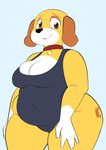 anthro biped breasts brown_eyes cleavage clothed clothing collar_tag female freckles gloves_(marking) markings one-piece_swimsuit overweight overweight_anthro overweight_female smile solo swimwear thick_thighs wide_hips yellow_body toonarscontent martha_speaks martha_lorraine canid canine canis domestic_dog mammal absurd_res digital_media_(artwork) hi_res portrait three-quarter_portrait