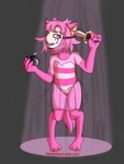 anthro biped bomb bottomwear claws clothed clothing digitigrade explosives feet female flat_chested fur hair hindpaw knife leotard looking_at_viewer mask multicolored_clothing multicolored_leotard noh_mask paws pink_body pink_clothing pink_fur pink_hair pink_leotard short_hair skirt solo spotlight text translucent translucent_bottomwear translucent_clothing translucent_skirt white_clothing white_leotard eepopisbae popee_the_performer onomadek canid canine canis mammal wolf absurd_res digital_drawing_(artwork) digital_media_(artwork) hi_res url