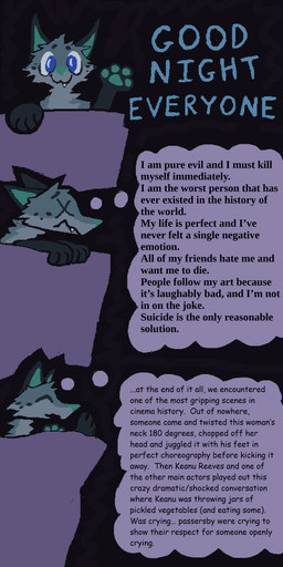 :3 anthro blue_text fangs male pawpads paws self_deprecation sleeping smile solo suicidal_ideation teal_inner_ear teal_nose teal_pawpads teeth text thought_bubble toony x_eyes demensa emil_(demensa) canid canine canis coyote domestic_dog mammal 1:2 2025 absurd_res comic english_text hi_res