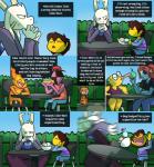 alphys anthro asriel_dreemurr boss_monster_(undertale) bovid caprine comic dessert dialogue elemental_creature english_text ficus_licker fire fire_creature fish food frisk_(undertale) heats_flamesman hi_res human ice_cream lizard male mammal marine potoobrigham reptile rhombus_(undertale) scalie text undertale undertale_(series) undyne