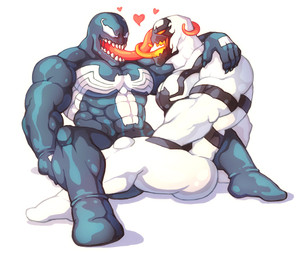 5_fingers black_body duo eye_contact fingers french_kissing heart_symbol kissing looking_at_another male male/male muscular muscular_male navel not_furry sharp_teeth simple_background teeth tongue tongue_out white_background white_body blackmonster marvel anti-venom venom_(marvel) alien symbiote 2015 digital_media_(artwork) hi_res