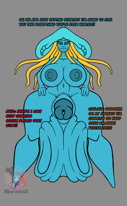 ball_clench balls big_balls bodily_fluids breasts cock_vore cum curvy_figure digestion female genital_fluids genitals group gynomorph hourglass_figure huge_balls hyper hyper_balls hyper_genitalia intersex intersex/female macro nipples non-mammal_balls non-mammal_nipples nude penile penis tentacles trio vore x-ray_view xsherlock420 disney ruby_gillman_teenage_kraken the_little_mermaid_(1989) ariel_(disney) chelsea_van_der_zee kalahari_(morphide) animal_humanoid aquatic aquatic_humanoid cnidarian cnidarian_humanoid humanoid jellyfish jellyfish_humanoid medusozoan medusozoan_humanoid absurd_res hi_res