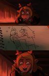 anthro antlers clothed clothing detailed_background duo female freckles glowing glowing_nose heart_symbol holding_object holding_pencil holding_writing_utensil horn humor inside notebook pencil_(object) red_nose smile under_bed writing_utensil lynxgriffin deltarune disney mei_lee_drawing_in_notebook pixar turning_red undertale_(series) noelle_holiday susie_(deltarune) deer dinosaur mammal new_world_deer prehistoric_species reindeer reptile scalie 2022 comic detailed hi_res meme signature