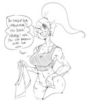athletic athletic_female bottomless bottomless_female breasts clothed clothing dialogue eye_patch eyes_closed eyewear female genitals grin holding_clothing holding_object one_eye_obstructed pussy shirt smile solo tank_top text topwear mhdrawin undertale_(series) undyne animal_humanoid fish fish_humanoid humanoid marine marine_humanoid 2022 black_and_white english_text hi_res monochrome portrait sketch three-quarter_portrait