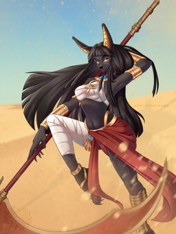 anthro bandage black_body black_fur black_hair clothing desert egyptian egyptian_clothing female fur gem gold_(metal) gold_jewelry hair jewelry melee_weapon polearm pose sand scythe skinny_female solo weapon yellow_eyes chrysanthemummy egyptian_mythology middle_eastern_mythology mythology anubian_jackal canid canine canis jackal mammal 3:4 hi_res pinup
