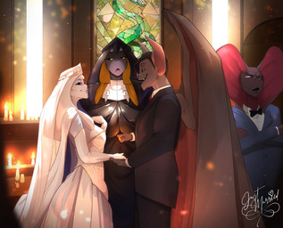 annoyed anthro bodily_fluids church clothing digit_ring dress female group jewelry male male/female nun nun_outfit ring scenery tears vermillia_(argosornstein) wedding wedding_clothing wedding_dress wedding_ring wedding_veil wings argosornstein ebony_(argosornstein) namielli_(argosornstein) bat mammal reptile scalie snake absurd_res hi_res