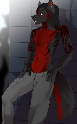 anthro biped clothed clothing dreadlocks ear_piercing facial_piercing lip_piercing looking_at_viewer male piercing smile solo standing tattoo topless kittentits canid canine mammal hi_res