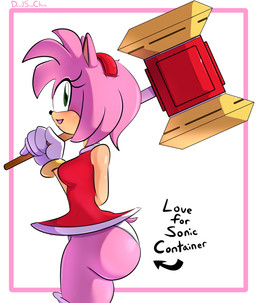 accessory anthro arrow_pointing_to_butt big_butt big_hammer blush border breasts butt clothed clothing dress female fur gloves green_eyes hair hair_accessory hairband hammer handwear holding_hammer holding_object holding_tool holding_weapon medium_breasts panties pantsless piko_piko_hammer pink_body pink_border pink_fur pink_hair red_clothing red_dress side_butt side_view simple_background smile solo tail text thick_thighs tools underwear weapon white_background davidsanchan evil_container sega sonic_the_hedgehog_(series) amy_rose eulipotyphlan hedgehog mammal 2025 english_text hi_res meme portrait three-quarter_portrait