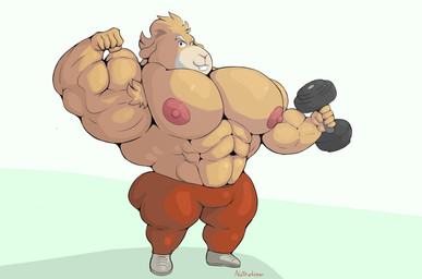 abs anthro big_muscles brown_body brown_fur clothed clothing exercise footwear fur huge_arms huge_muscles hyper hyper_muscles male muscular muscular_male nipples pink_nipples prisoner shoes solo topless weightlifting workout nathanlepoyo dreamworks the_bad_guys professor_marmalade caviid guinea_pig mammal rodent absurd_res hi_res