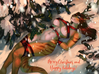 anthro antlers areola arms_tied big_breasts bound breasts brown_body female fur genitals gift_wrapped hair hands_behind_back holidays horn looking_at_viewer lying navel nude on_back outdoor_nudity outside plant red_hair ribbons smile snow snowing solo tail text tree vulva felicia_cat christmas mythology domestic_cat dragon felid feline felis hybrid mammal mythological_creature mythological_scalie scalie digital_media_(artwork) english_text hi_res