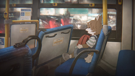anthro backpack bus clothing commercial_vehicle kemono male open_mouth overalls pattern_clothing pattern_shirt pattern_topwear raining red_backpack shirt sitting solo striped_clothing striped_shirt striped_topwear stripes topwear vehicle young young_anthro young_male nishiko24 ookami_(nishiko24) canid canine canis mammal wolf 2024 hi_res japanese_description