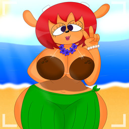 anthro beach big_breasts blue_eyes bracelet breasts brown_body brown_fur camera_view cleavage clothed clothing coconut coconut_bra curvy_figure detailed_background drupe_(fruit) eyelashes female flower food fruit fur gesture hair hand_behind_back hand_gesture horn hourglass_figure huge_breasts hula jewelry lips looking_at_viewer outside plant red_hair sea seaside short_hair smile solo standing thick_thighs v_sign water wide_hips 3barts parappa_the_rapper sony_corporation sony_interactive_entertainment um_jammer_lammy lammy_lamb bovid caprine mammal sheep 1:1 2022 absurd_res digital_media_(artwork) hi_res